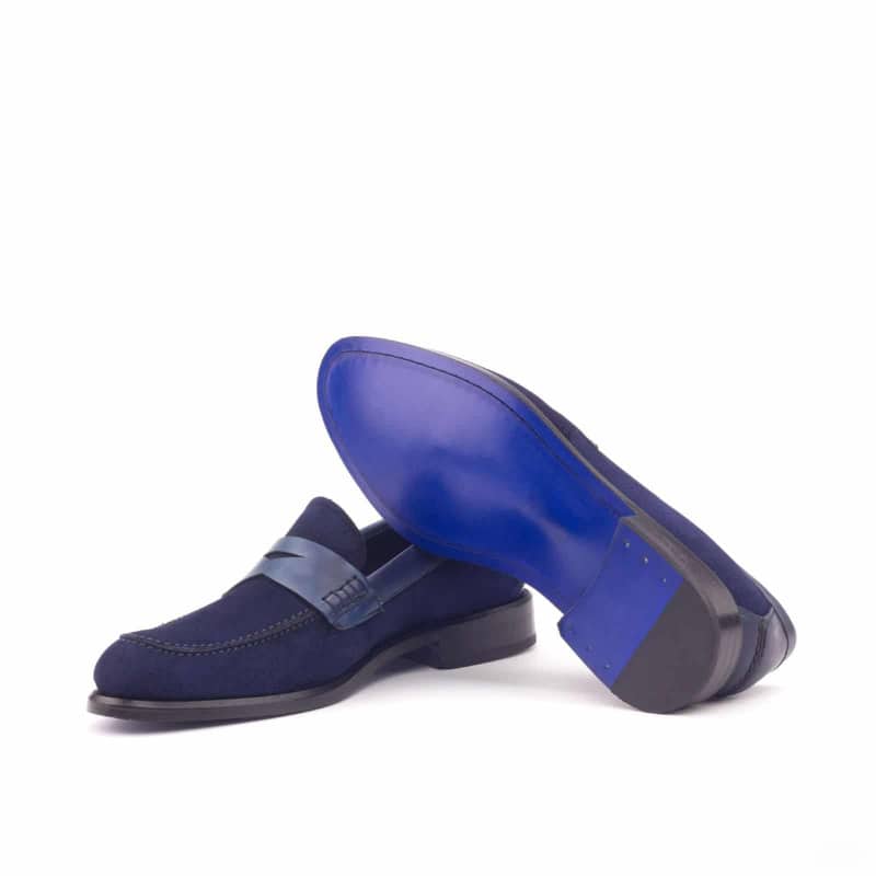 Custom Made Women's Loafers in Navy Blue Kid Suede and Painted Calf Leather