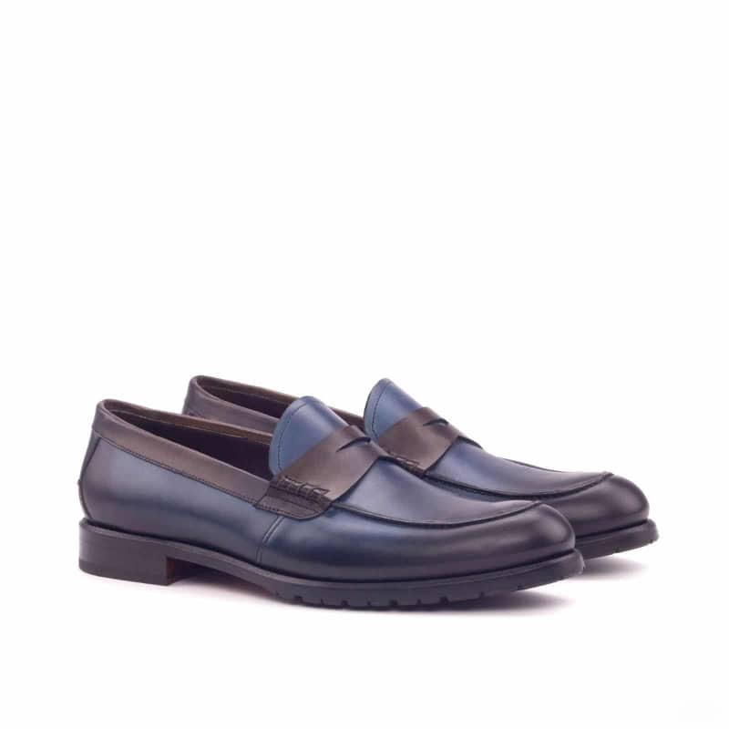 Custom Made Women's Loafers in Navy Blue and Dark Brown Painted Calf Leather