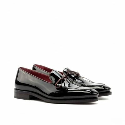 Custom Made Goodyear Welted Loafers in Black Patent Leather with Burgundy Polished Calf