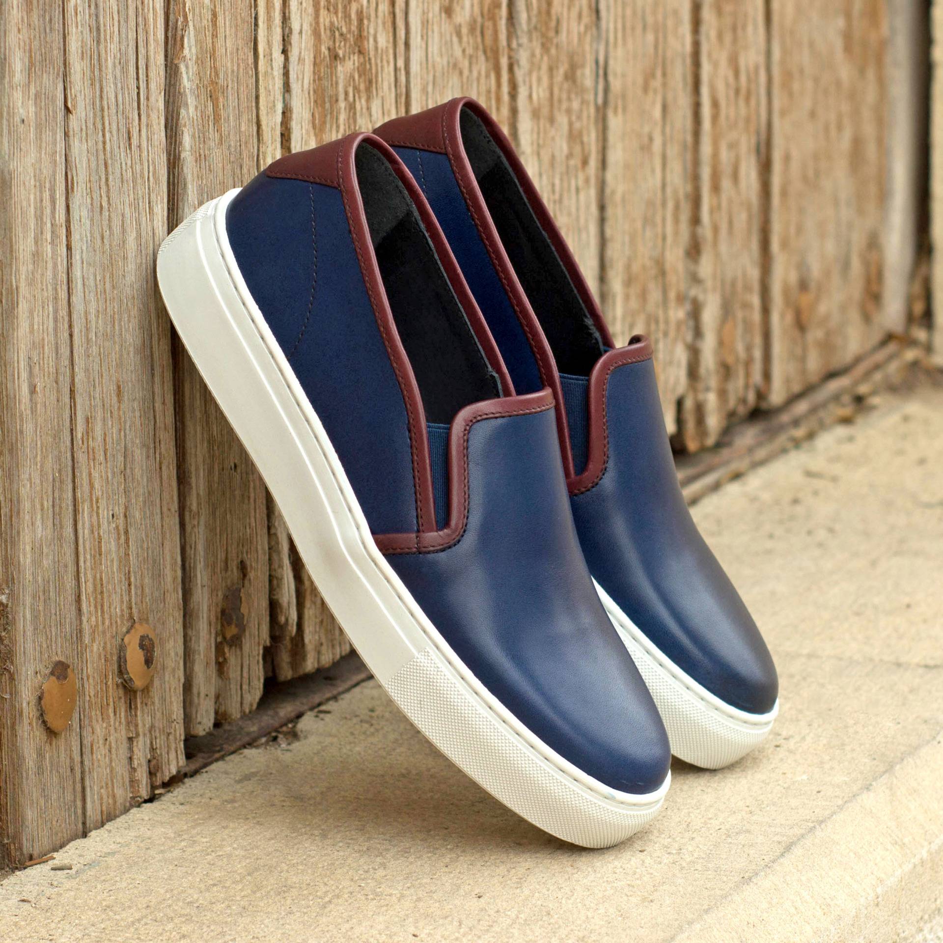Custom Made Women's Slip On in Navy Blue and Burgundy Painted Calf