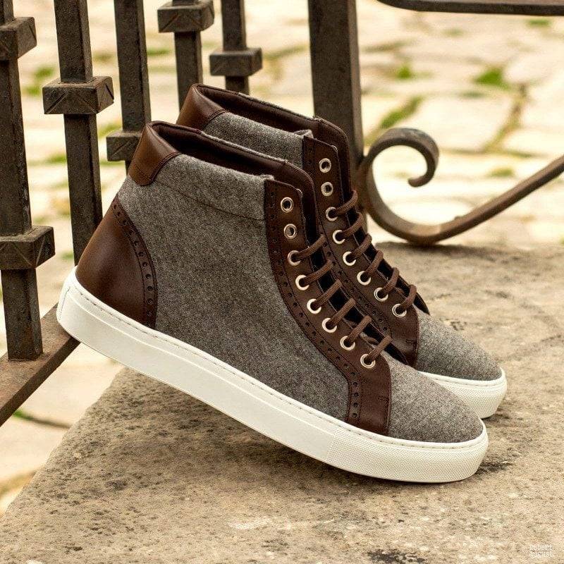 Custom Made High Kicks in Light Grey Flannel and Dark Brown Painted Calf Leather