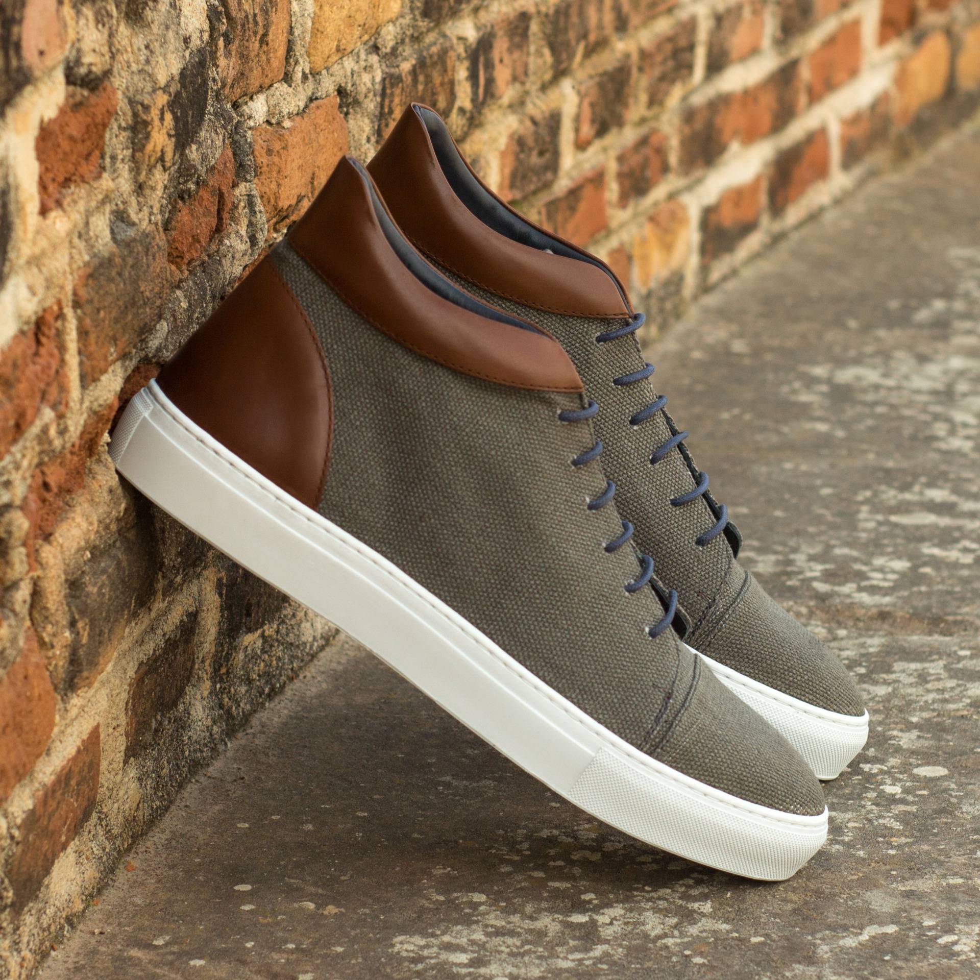 Custom Made High Top in Grey Linen with Medium Brown Polished Calf Leather
