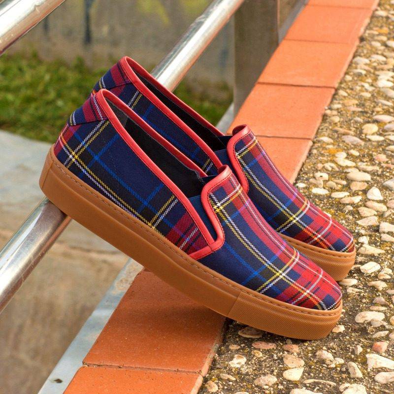 Custom Made Women's Slip On in Tartan with Red Painted Calf Leather