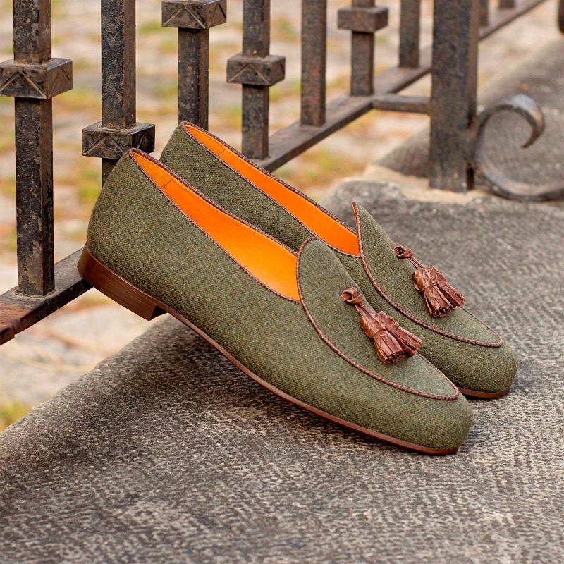 Custom Made Belgian Slippers in Green Flannel with Brown Croco Tassels