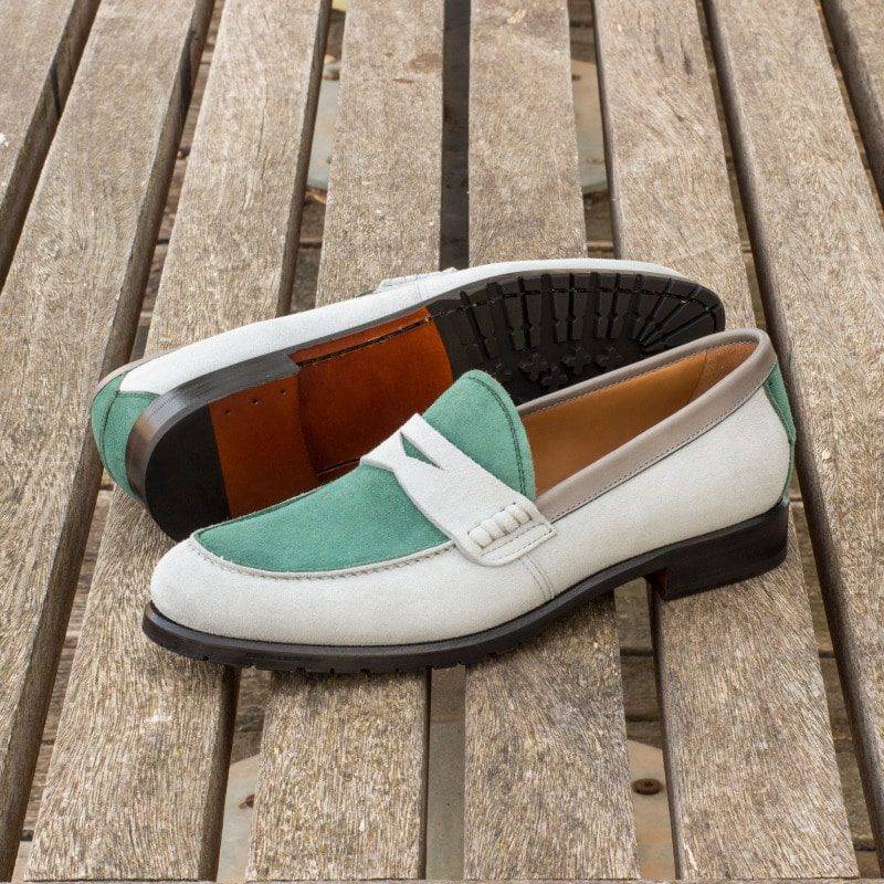 Custom Made Women's Loafers in Light Grey and Forest Green Kid Suede with Grey Painted Calf