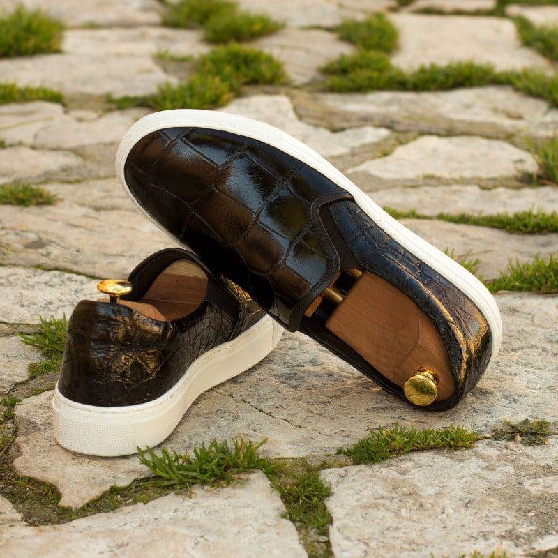 Custom Made Slip On in Black Genuine Alligator with Black Painted Calf Leather