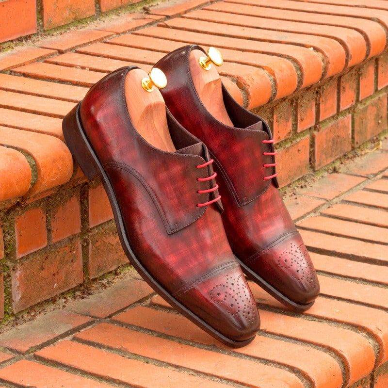 Custom Made Derby in Italian Raw Crust Leather with Burgundy Papiro Hand Patina and Black Patent Leather