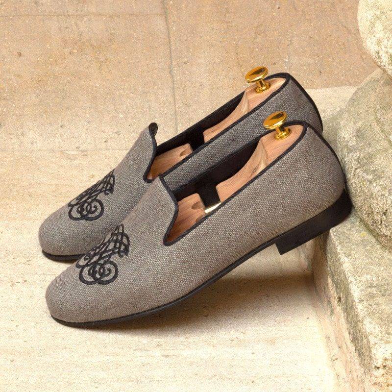 Custom Made Wellington Slippers in Grey Linen with Black Grosgrain