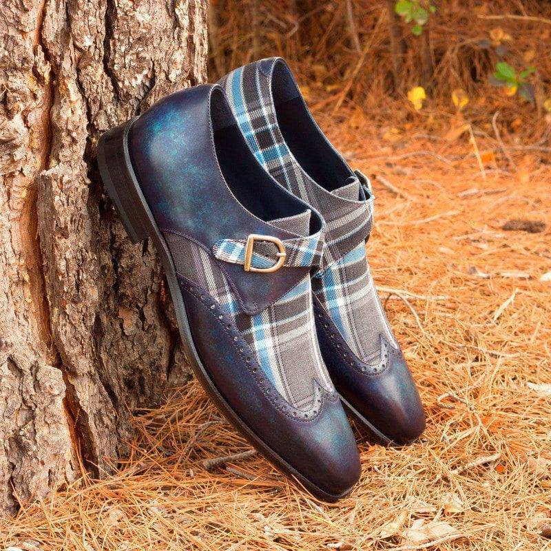 Custom Made Single Monks in Denim Blue Marble Hand Patina with Plaid Sartorial