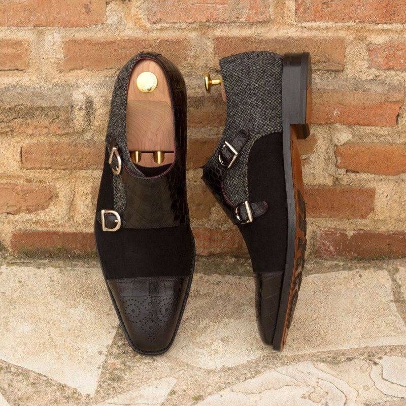 Custom Made Double Monks in Black Croco Embossed Calf and Kid Suede with Wool Nailhead