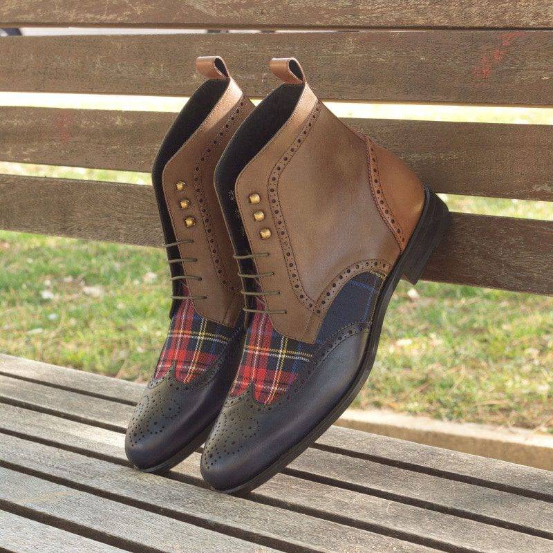 Custom Made Military Brogue Boot in Medium Brown, Navy Blue and Olive Painted Calf Leather with Tartan Sartorial