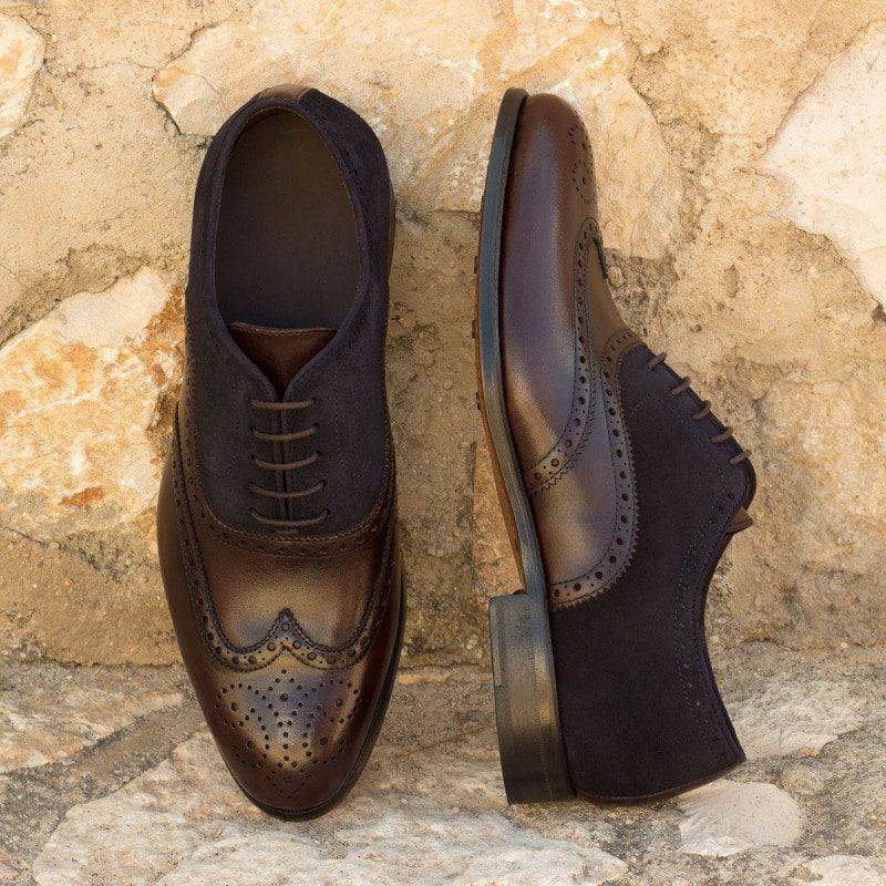 Custom Made Wingtips in Dark Brown Painted Calf and Navy Blue Luxe Suede