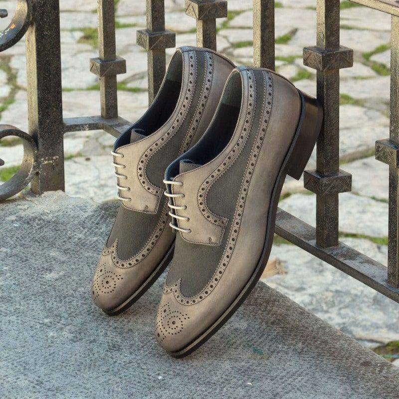 The Longwing Blucher in Grey Luxe Suede, Painted Calf and Painted Full Grain Leather