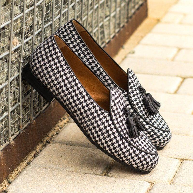 Custom Made Men's Belgian Slipper in Houndstooth with Black Croco Tassels