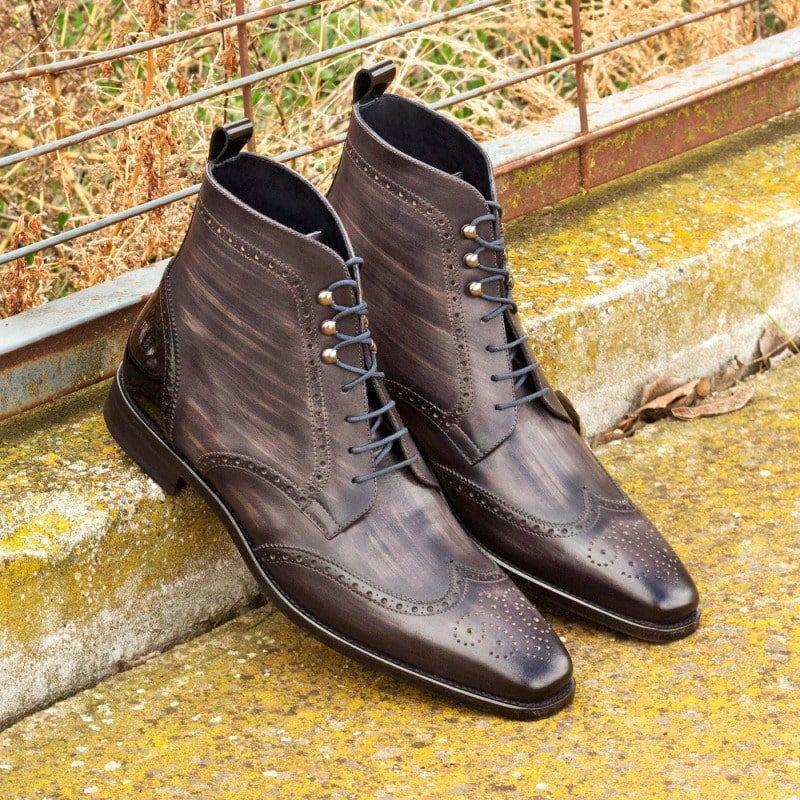 Custom Made Military Brogue Boot in Italian Raw Crust Leather with a Grey Hand Patina with Black Patent Leather