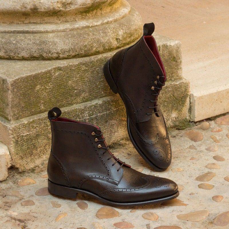 Custom Made Military Brogue Boot in Black Kid Suede, Painted Calf and Pebble Grain Calf Leather