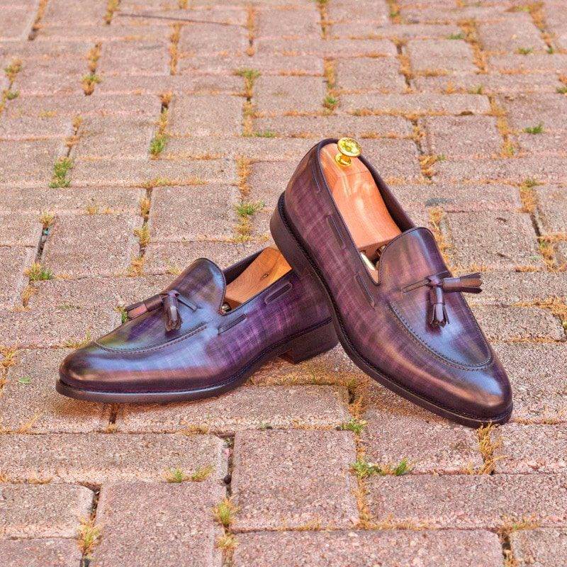 Custom Made Loafers in Italian Raw Crust Leather with Purple and Denim Papiro Hand Patina