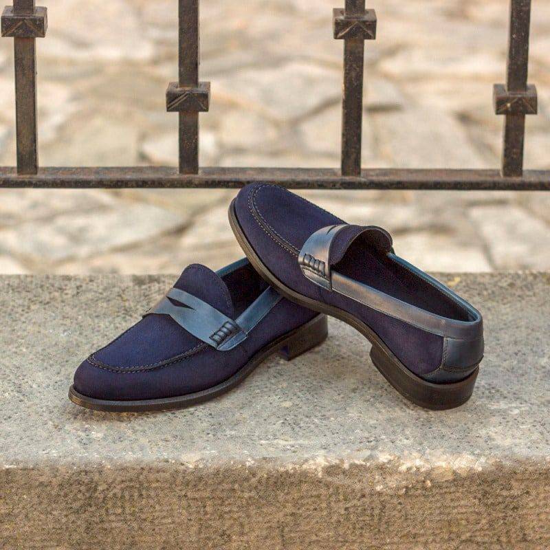 Custom Made Women’s Loafers in Navy Blue Kid Suede and Painted Calf Leather