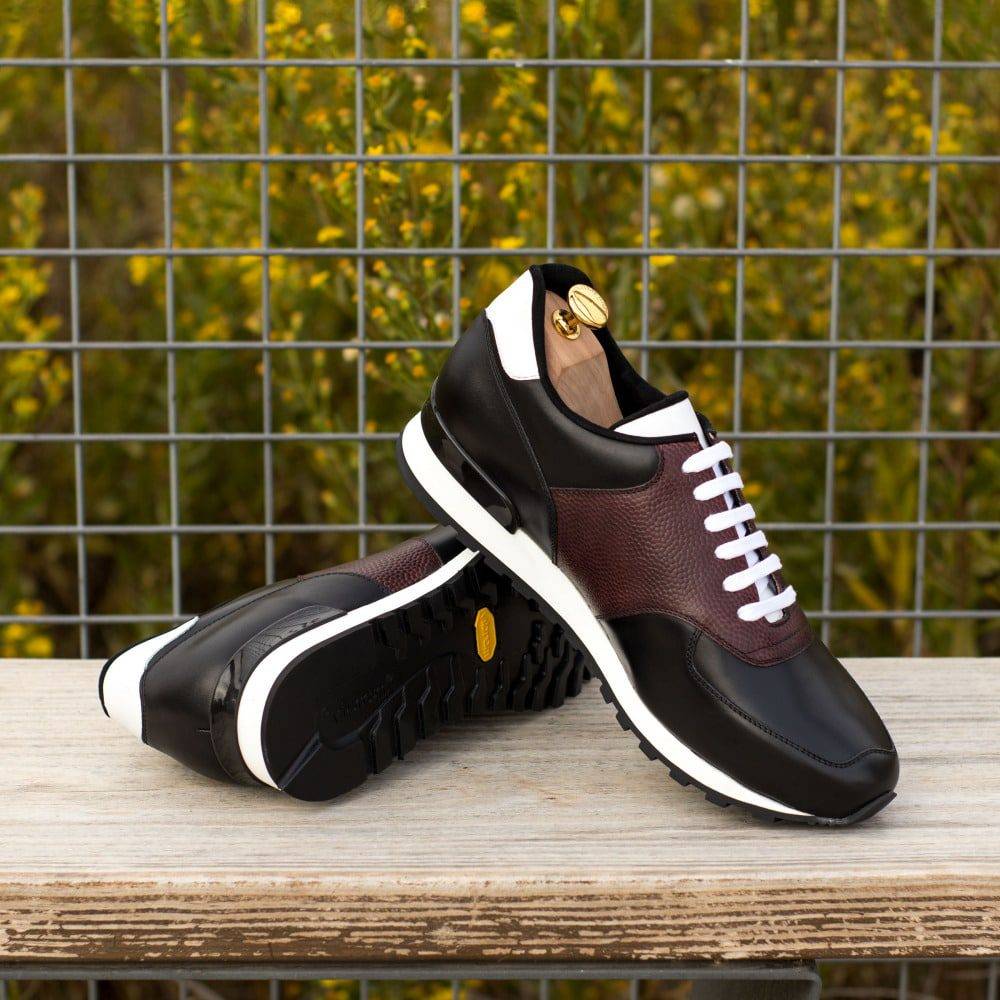 Custom Made Men's Sneaker in Burgundy Pebble Grain Leather with Black and White Box Calf