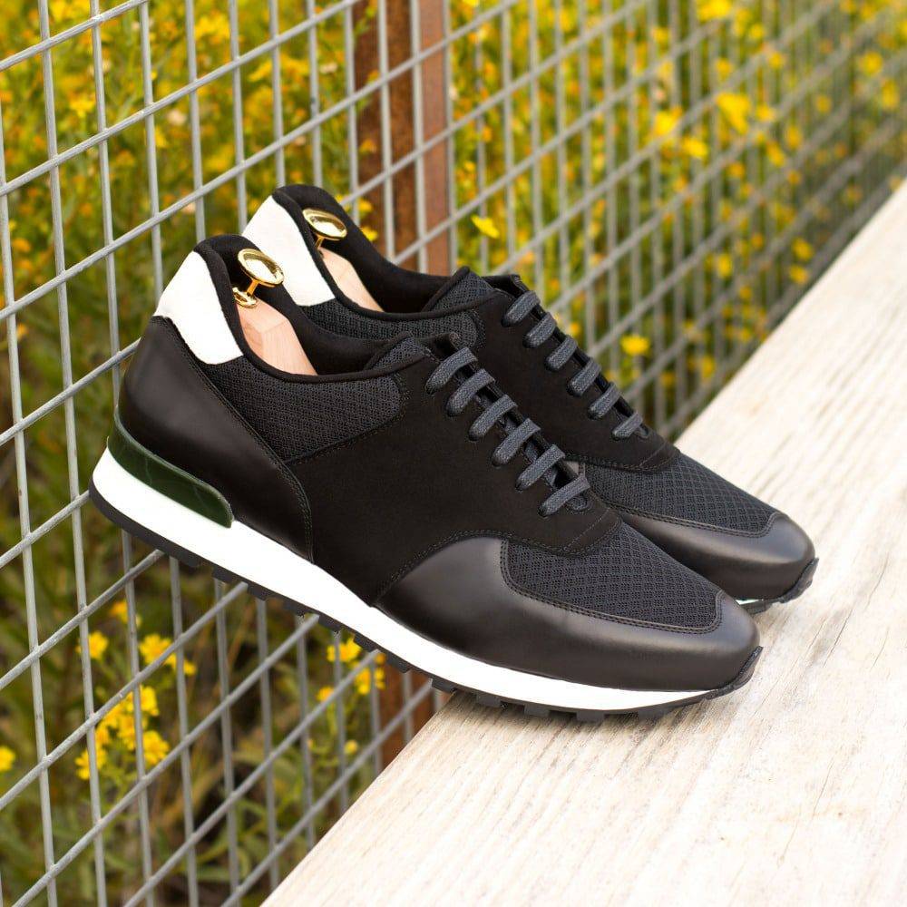Custom Made Men's Sneaker in Black Polished Calf with Black and White Kid Suede