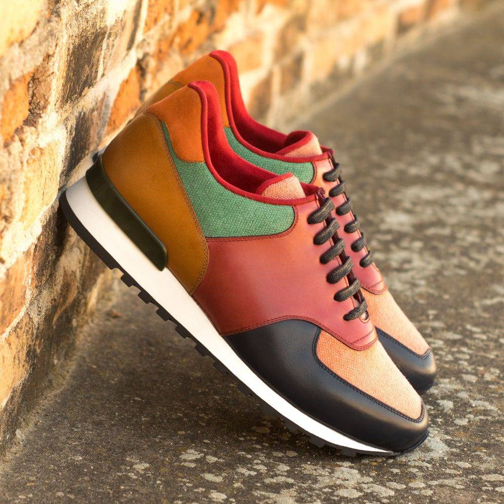 Custom Made Men's Sneaker in Multi Color Linen and Polished Calf Leather
