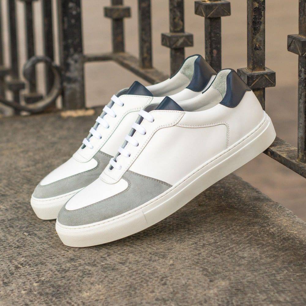 Custom Made Men's Low Top Trainer in White and Navy Blue Box Calf with Light Grey Kid Suede