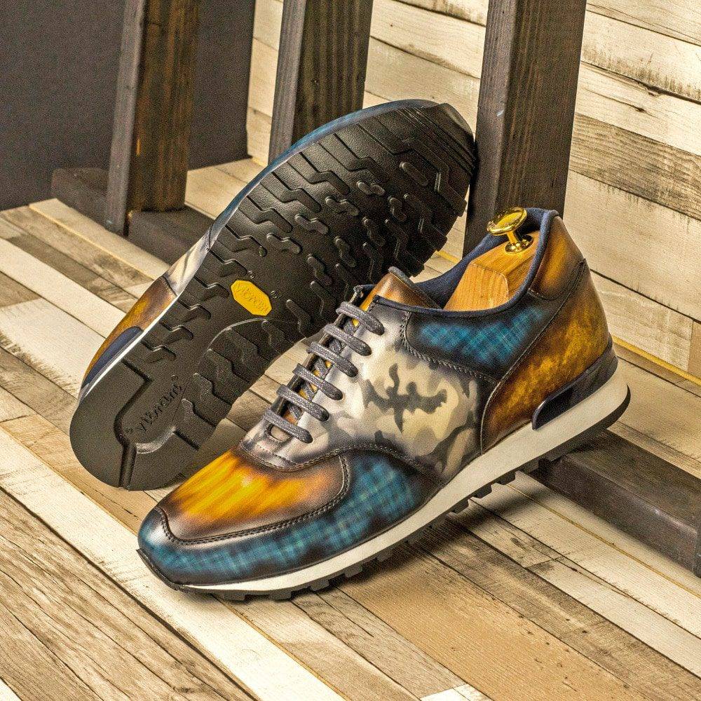 Custom Made Men's Sneaker in Italian Calf Leather with a Denim Blue, Cognac and Grey Camo Hand Patina
