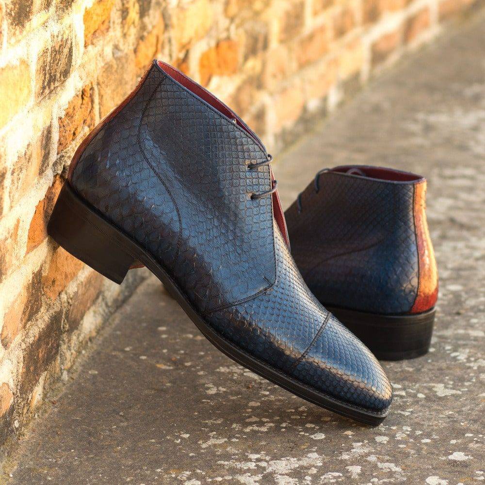 Custom Made Goodyear Welted Men's Chukka Boots in Navy Blue and Red Genuine Python