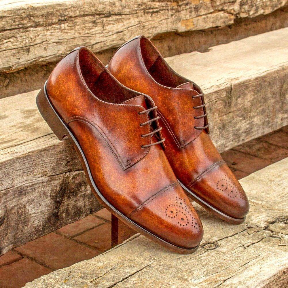 Custom Made Men's Derby in Italian Calf Leather with Cognac Marble Hand Patina