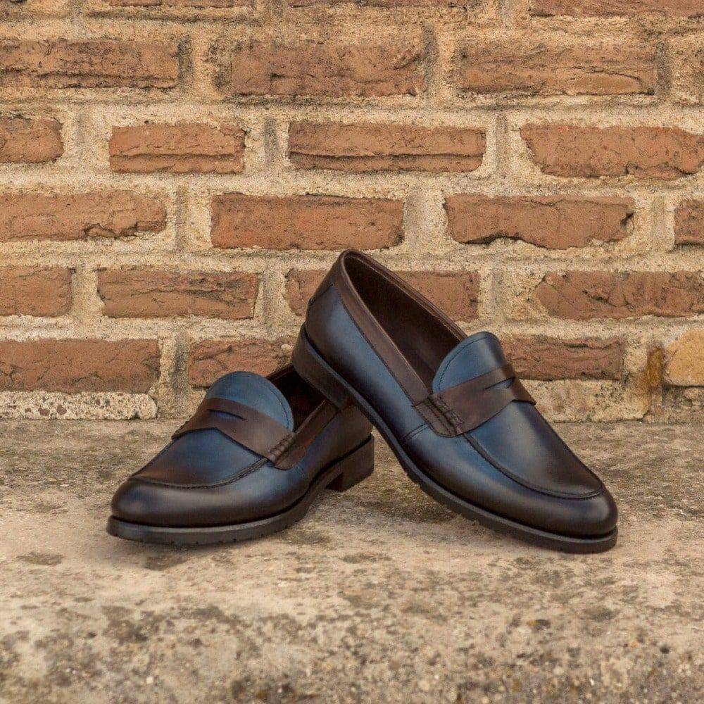 Custom Made Women's Loafers in Navy Blue and Dark Brown Painted Calf Leather