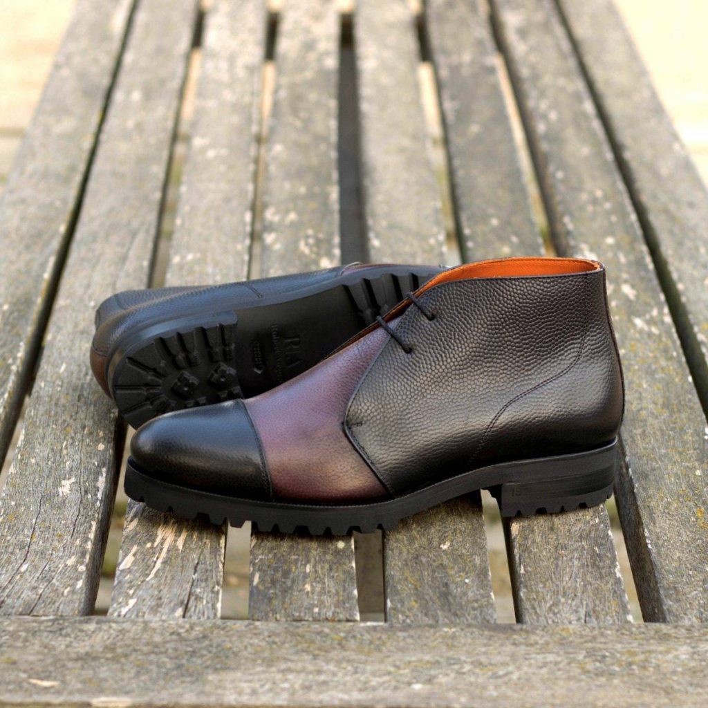 Custom Made Men's Chukka Boot in Burgundy Full Grain Leather with Burgundy and Black Pebble Grain Leather