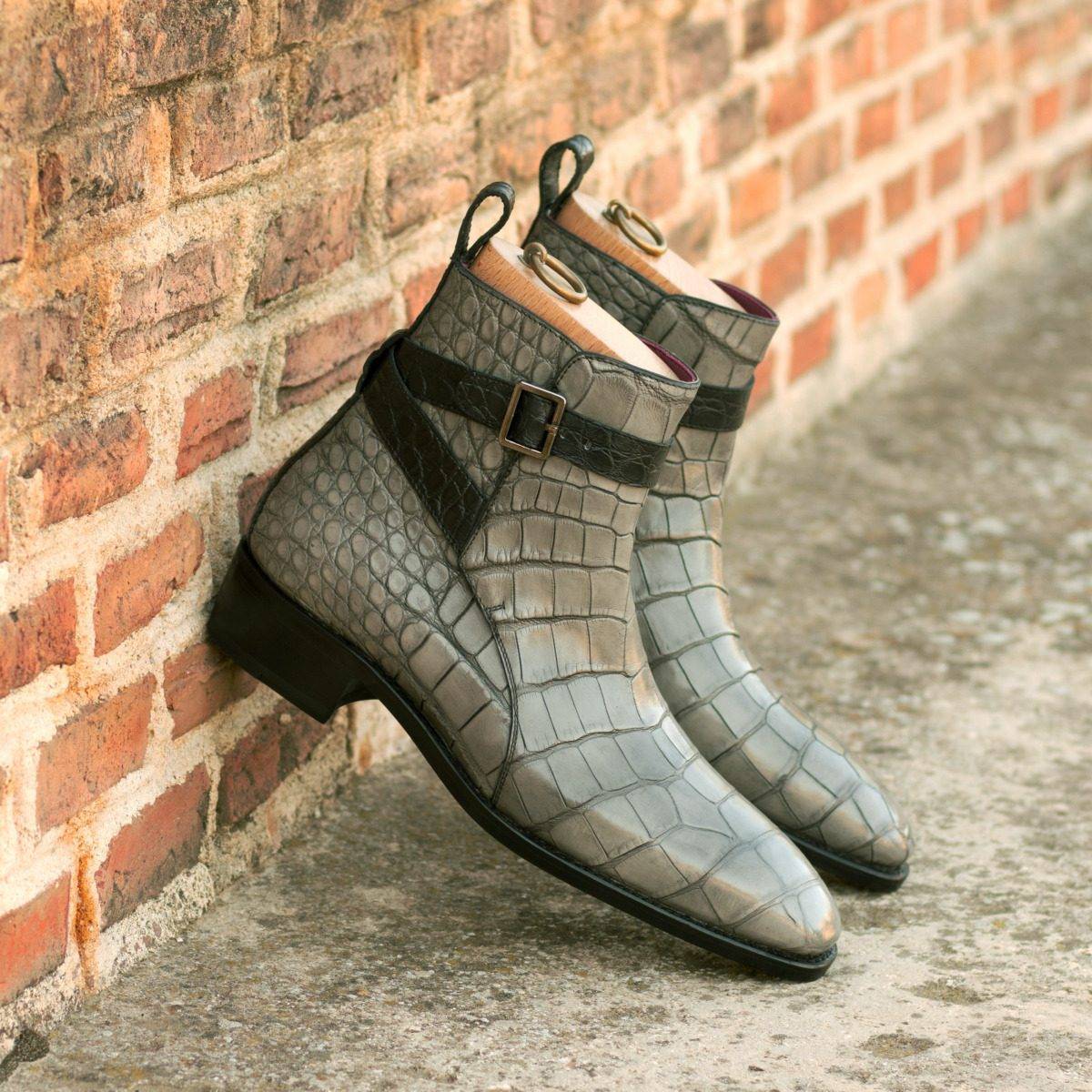 Custom Made Men's Goodyear Welted Jodhpur Boot in Grey and Black Genuine Alligator
