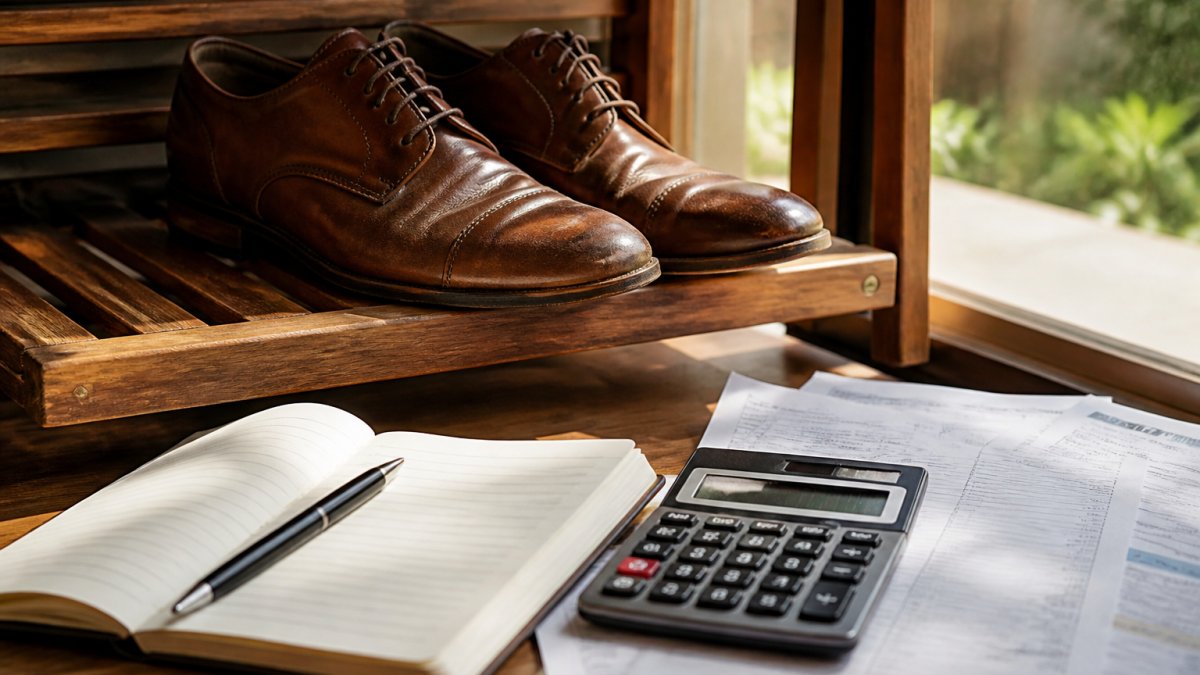 Close-up of a well-worn pair of brown leather dress shoes resting on a wooden shoe rack beside a notebook and pen, warm natural light from a window