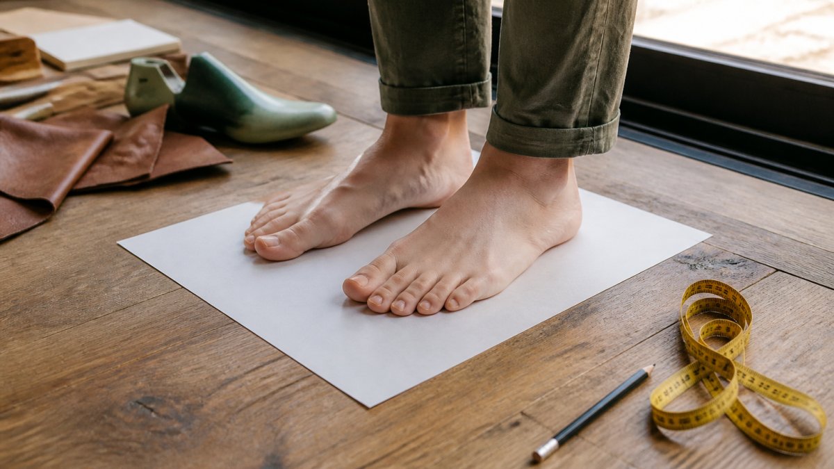 Close-up of a person's bare feet standing on a sheet of paper on a wooden floor while a tailor's tape measure and pencil rest nearby, warm natural light from a window