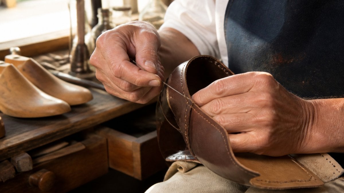 Skilled artisan's hands stitching leather shoe uppers with needle and thread in a sunlit workshop, showing precise detail work on a partially constructed dress shoe