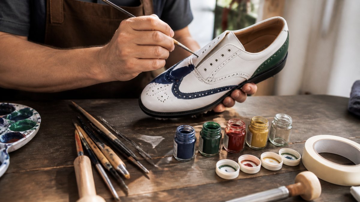 Close-up of a craftsman's hands applying paint to a leather golf shoe with a fine brush, surrounded by small paint pots, masking tape, and a clean workbench in natural light