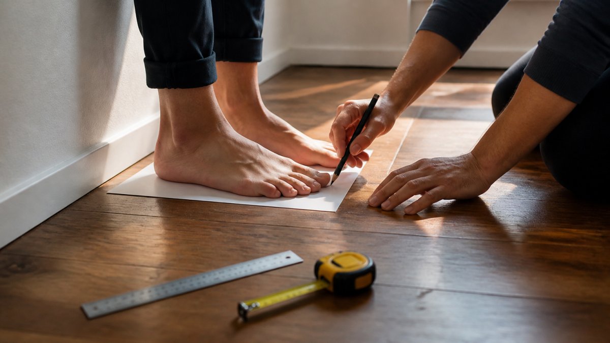 A person standing on paper against a wall while a helper marks their longest toe with a pencil to measure foot length