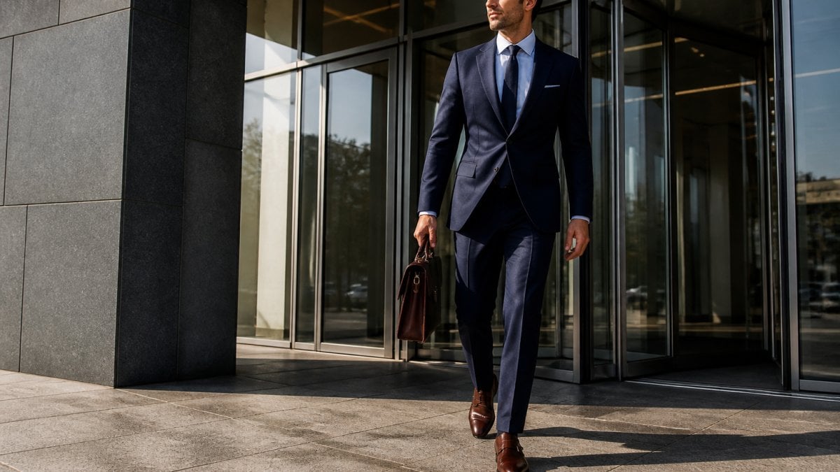 A professional man in a tailored navy suit stepping out of a glass office building, wearing brown single monk strap shoes on polished stone pavement, briefcase in hand, morning light