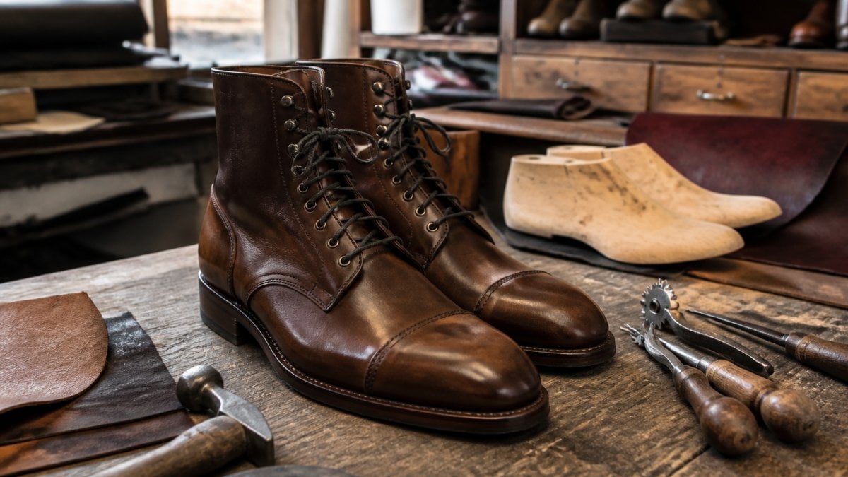 Close-up of a pair of handmade leather boots on a wooden workbench in a Spanish artisan workshop, with stitching tools and leather swatches in the background